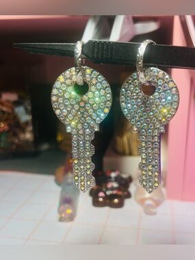 Crystal Key Drop Earrings - Silver Tone